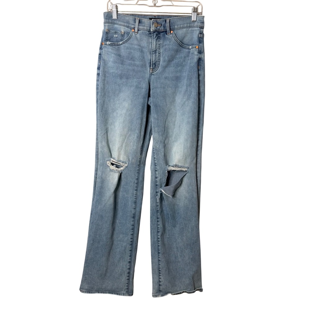 Express Wide Leg Jeans Womens 6 L Tall Blue High Rise Distressed Ripped Denim